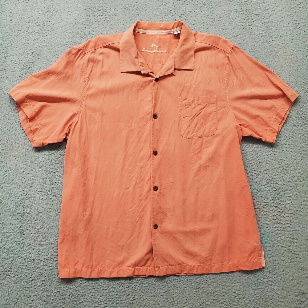 Tommy Bahama Shirt Mens XL Orange Silk Floral Palm Outdoors Beach Cork Buttons